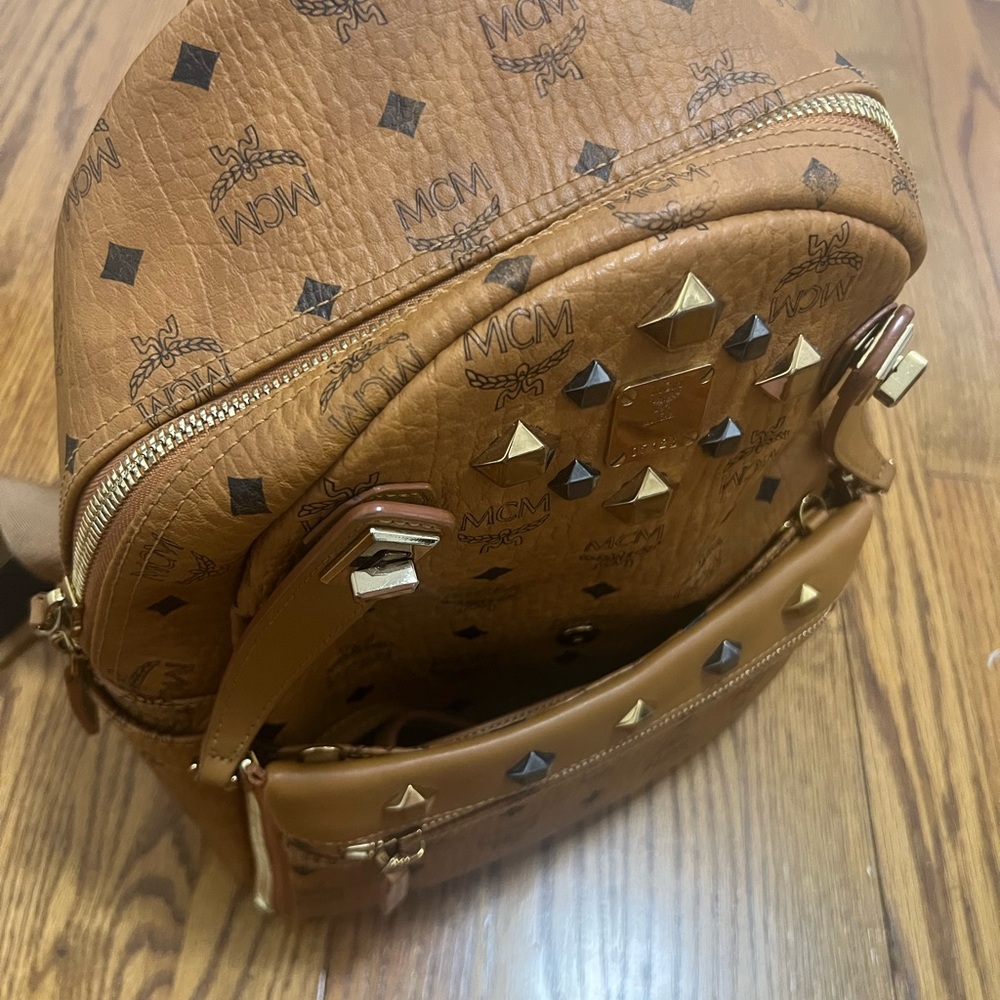 MCM Cognac Backpack with Gold Studs